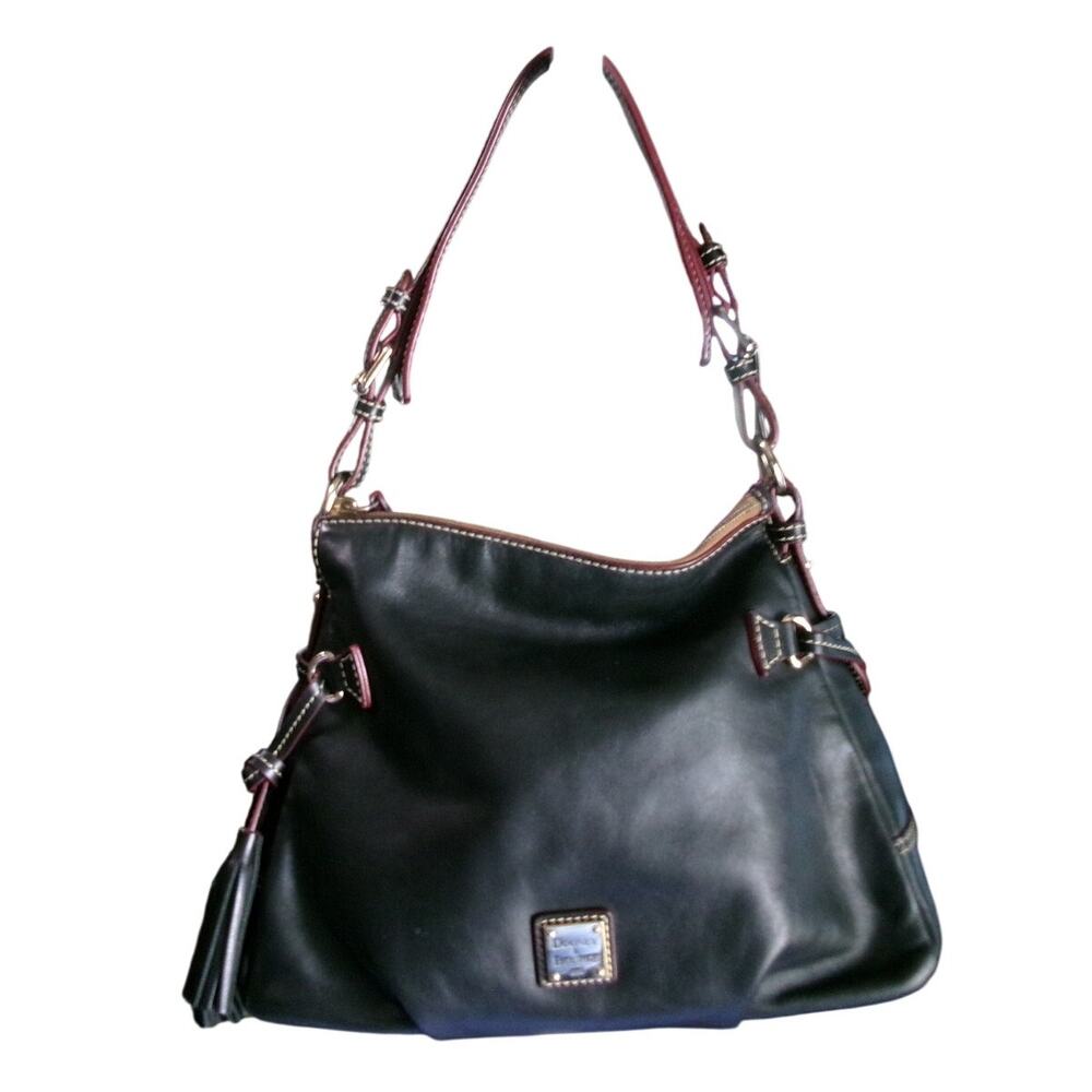 Dooney & Bourke Black Leather Florentine Hobo Shoulder Bag Red Trim Tassels